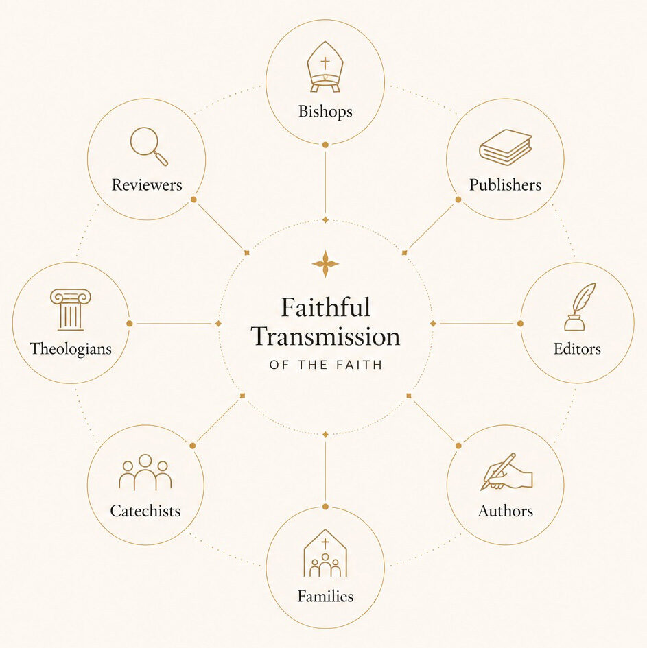 Faithful transmission of the faith — bishops, publishers, editors, authors, families, catechists, theologians, and reviewers.